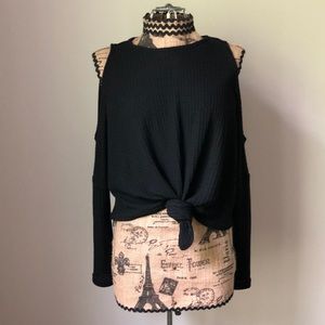 Tobi Black Waffle Tie Top with Open Shoulders - S